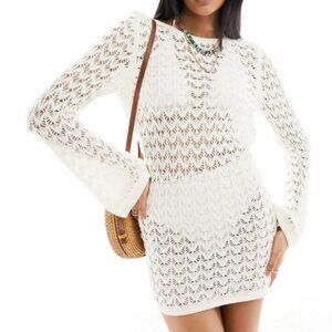 Crochet Open Knit Sweater Women's XL Tunic Top Mini Dress Net Boho Beach Resort